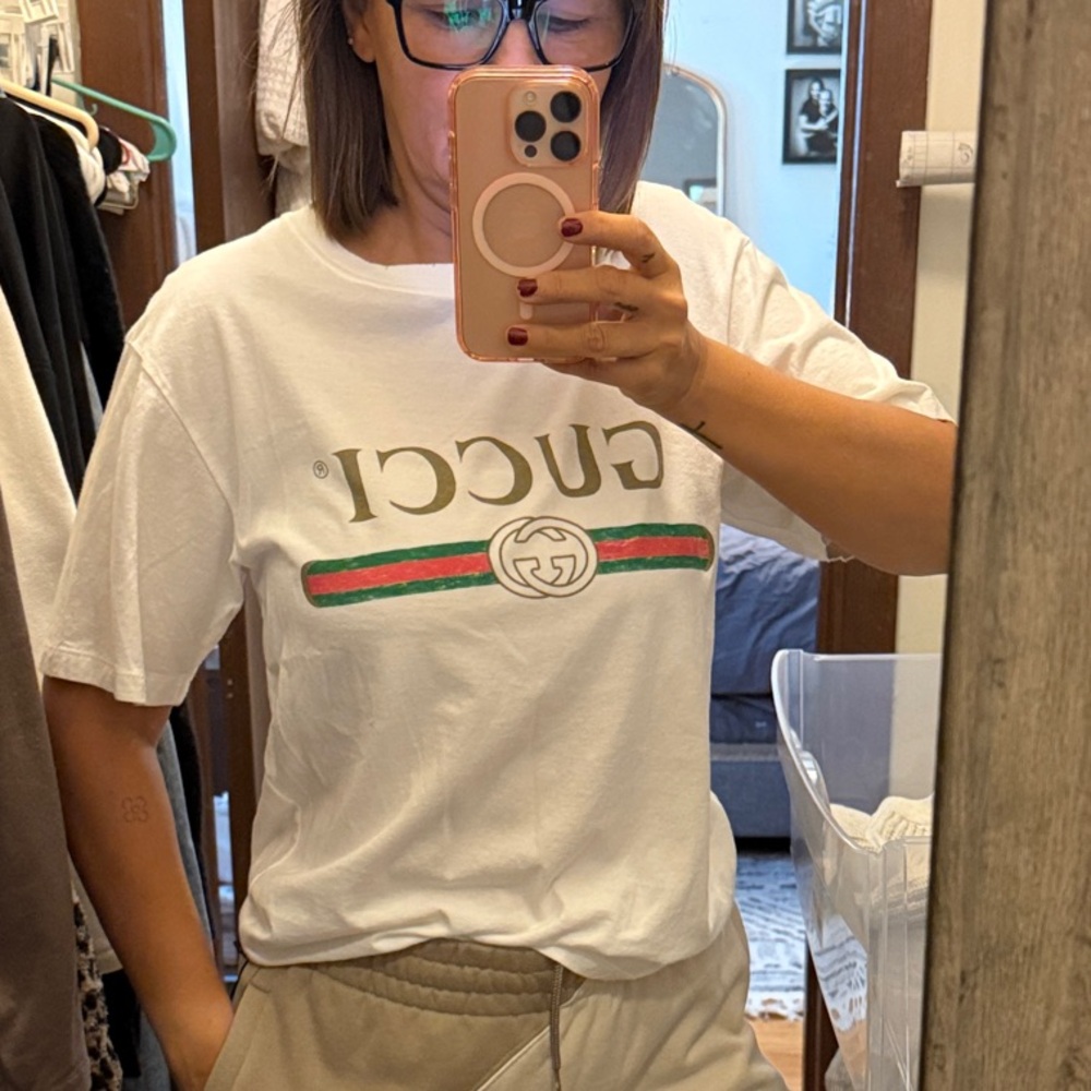 Gucci White Tee with Green and Red Stripe